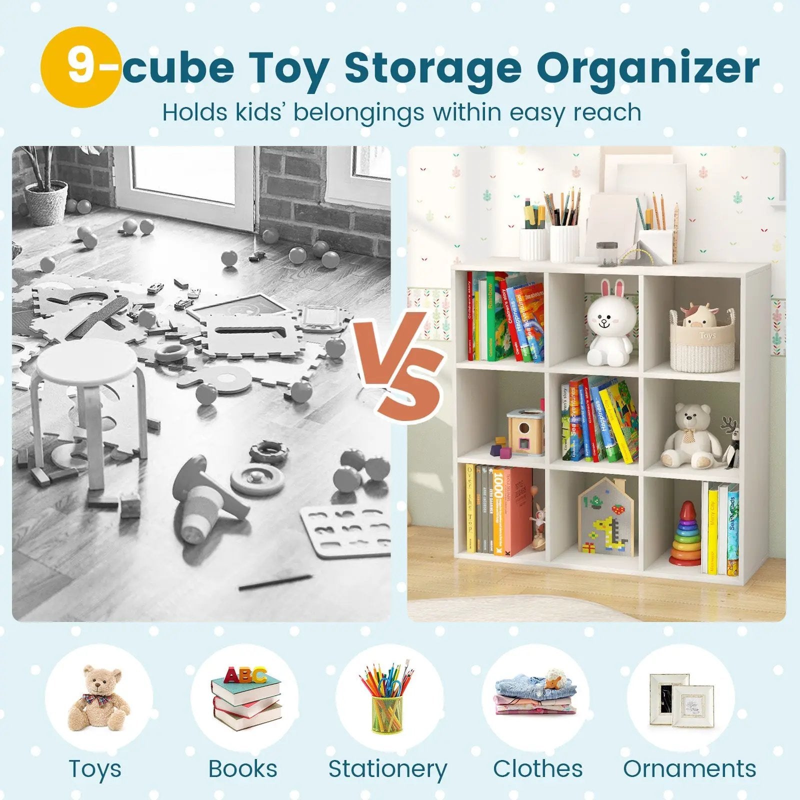 Wooden Kids Bookcase with Storage Cubbies and Anti-toppling Devices-White by DirectDeals