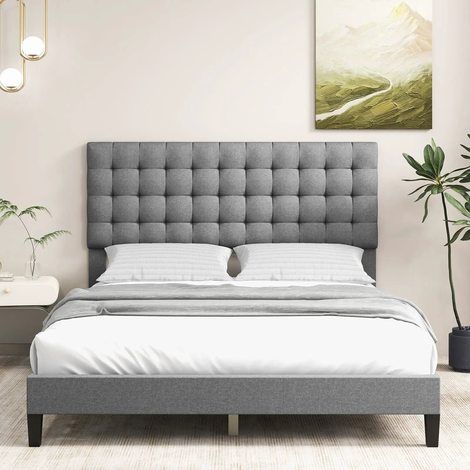 Queen Size Upholstered Platform Bed with Square Stitched Headboard by DirectDeals