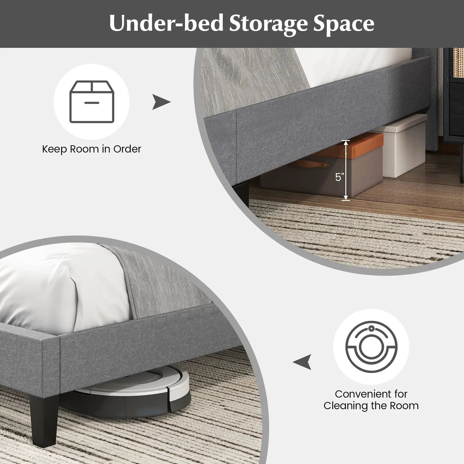 Queen Size Upholstered Platform Bed with Square Stitched Headboard by DirectDeals