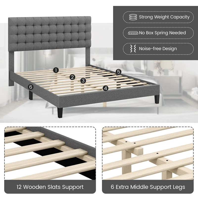 Queen Size Upholstered Platform Bed with Square Stitched Headboard by DirectDeals