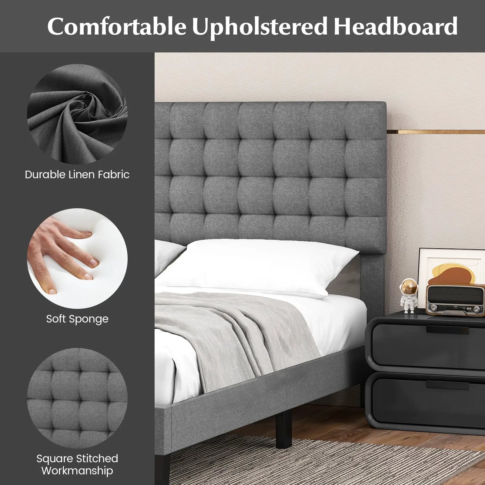 Queen Size Upholstered Platform Bed with Square Stitched Headboard by DirectDeals