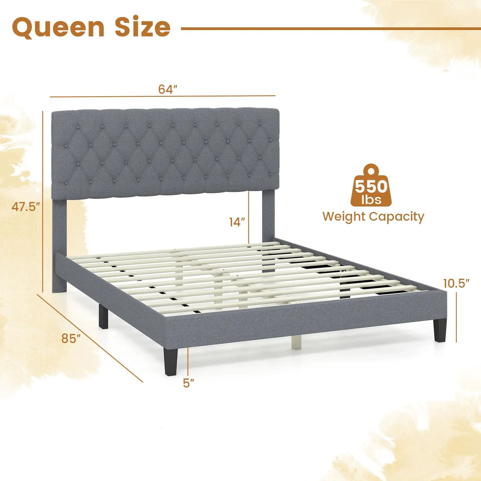 Queen Size Upholstered Platform Bed with Button Tufted Headboard-Queen by DirectDeals