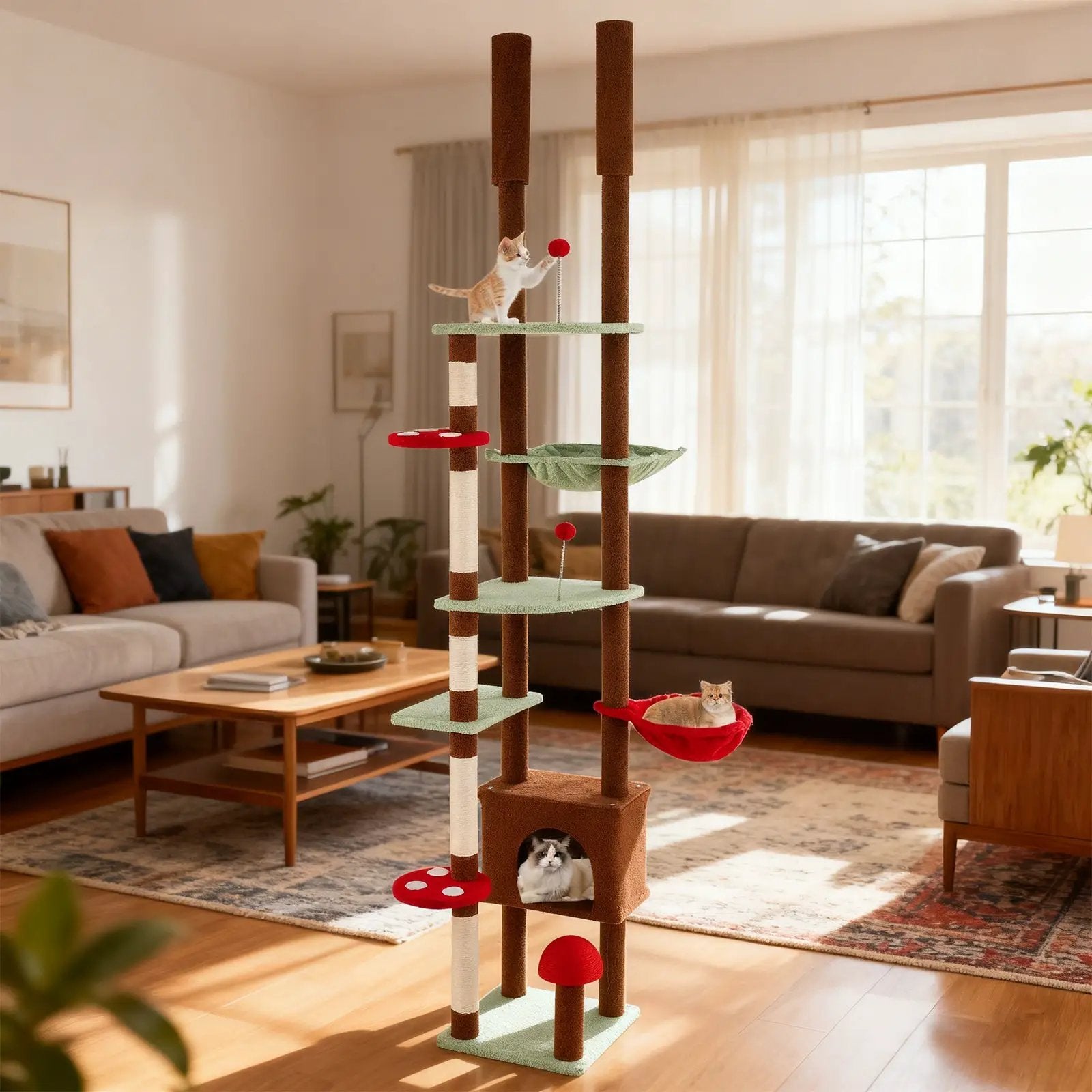 Floor to Ceiling Cat Tree Adjustable Mushroom Themed with Condo and Hammock-Brown by DirectDeals
