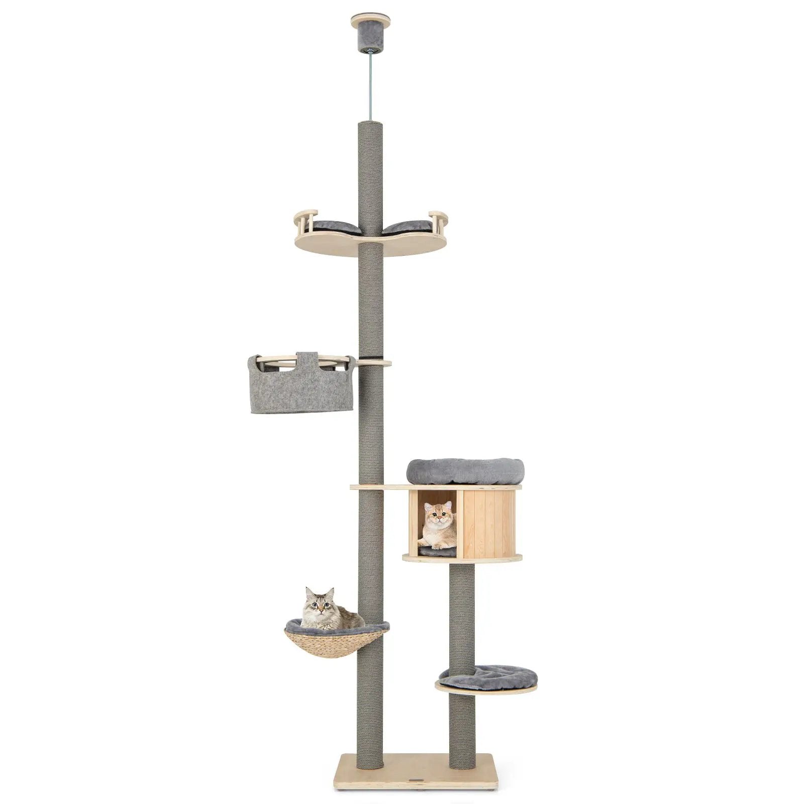 6-tier Floor-to-Ceiling Cat Tree 100-110 Inches Adjustable Height-Natural by DirectDeals