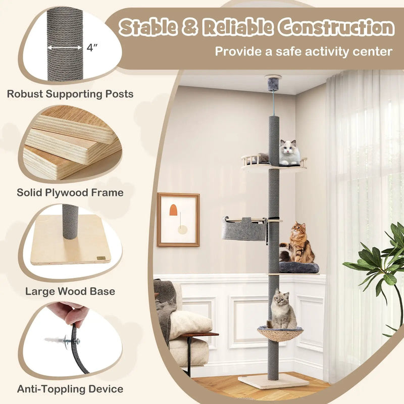 Floor to Ceiling Cat Tree with 93 Inch-107 Inch Adjustable Height-Gray by DirectDeals