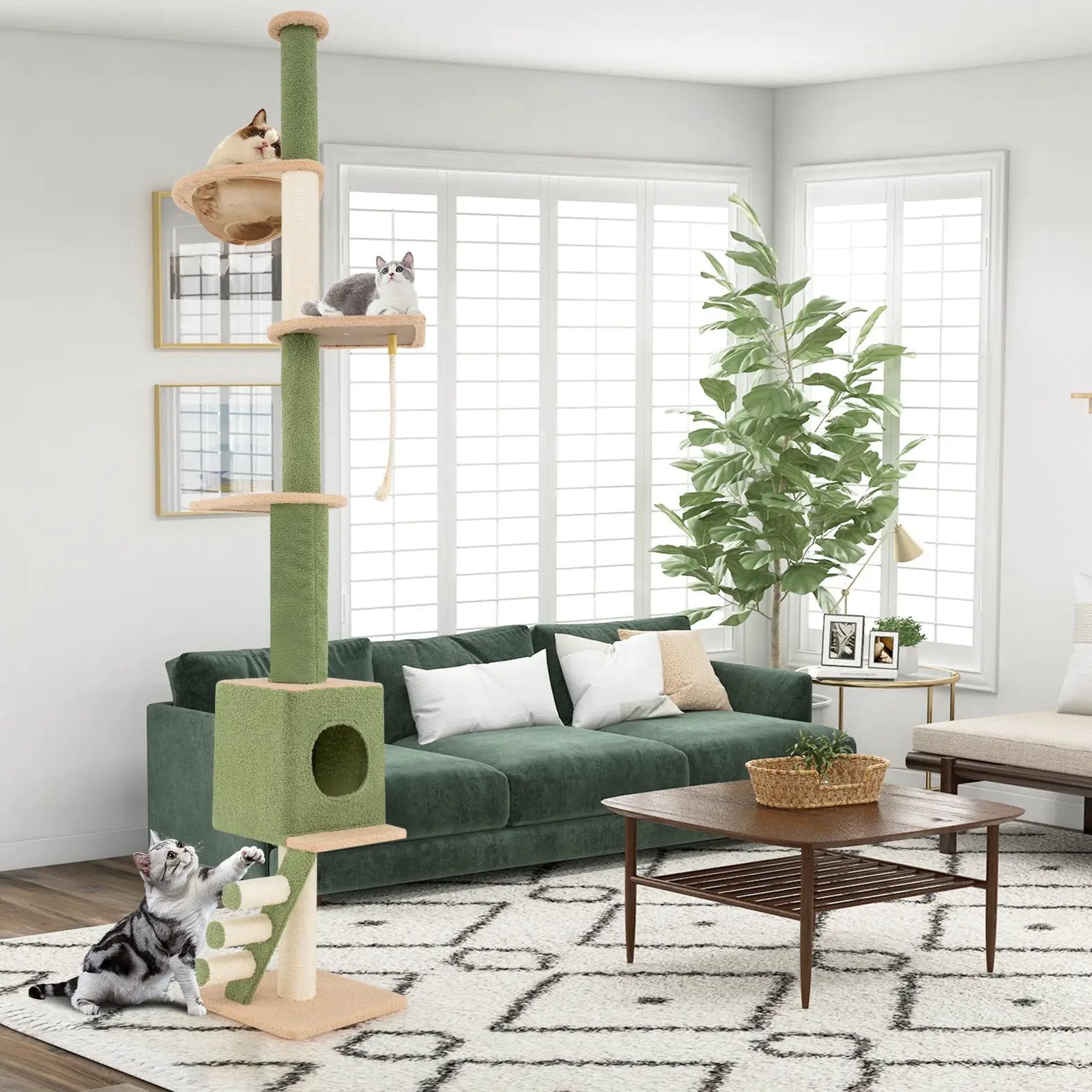 Floor to Ceiling Cat Tree with 86-99.5 Inch Adjustable Height and Extra Post-Green by DirectDeals