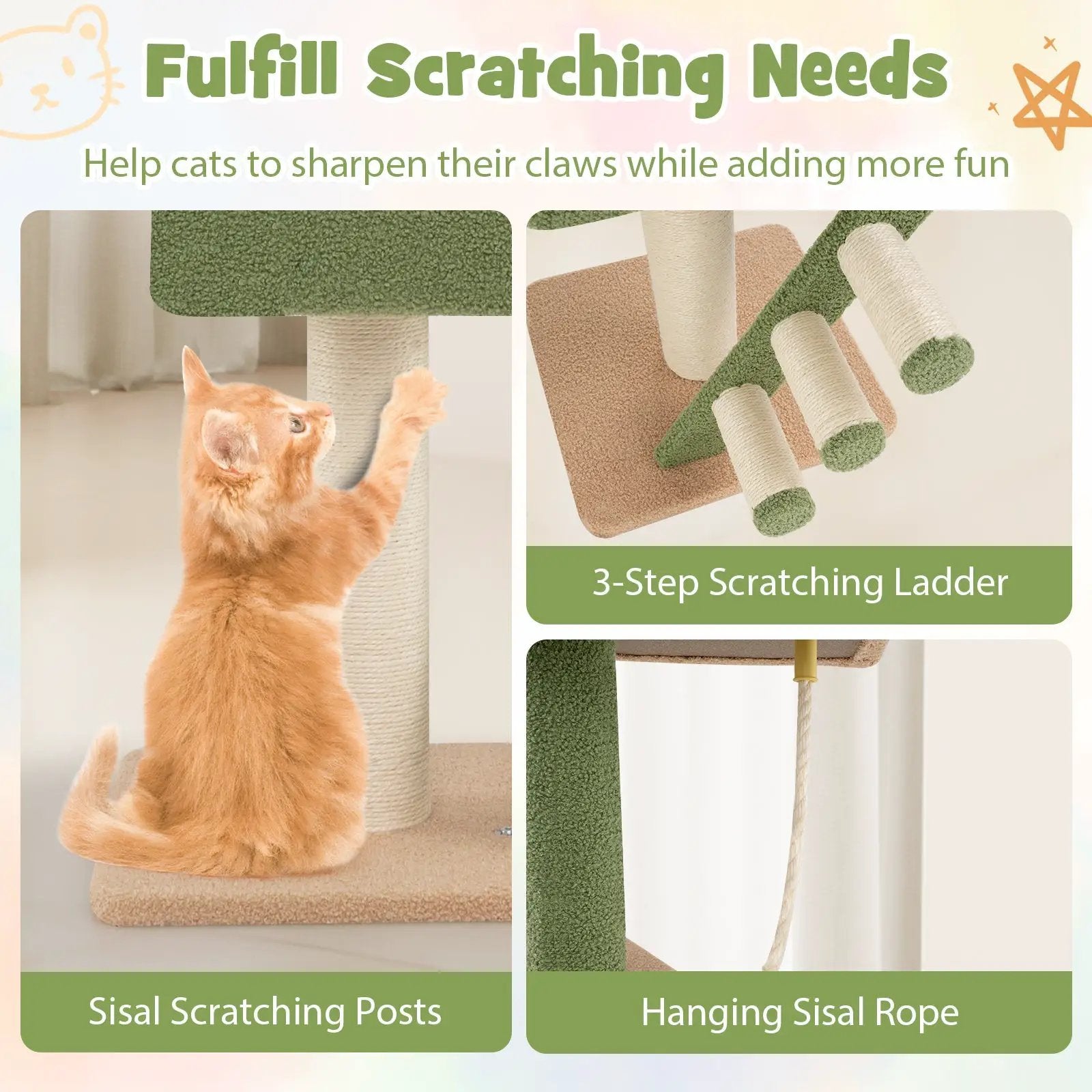 Floor to Ceiling Cat Tree with 86-99.5 Inch Adjustable Height and Extra Post-Green by DirectDeals