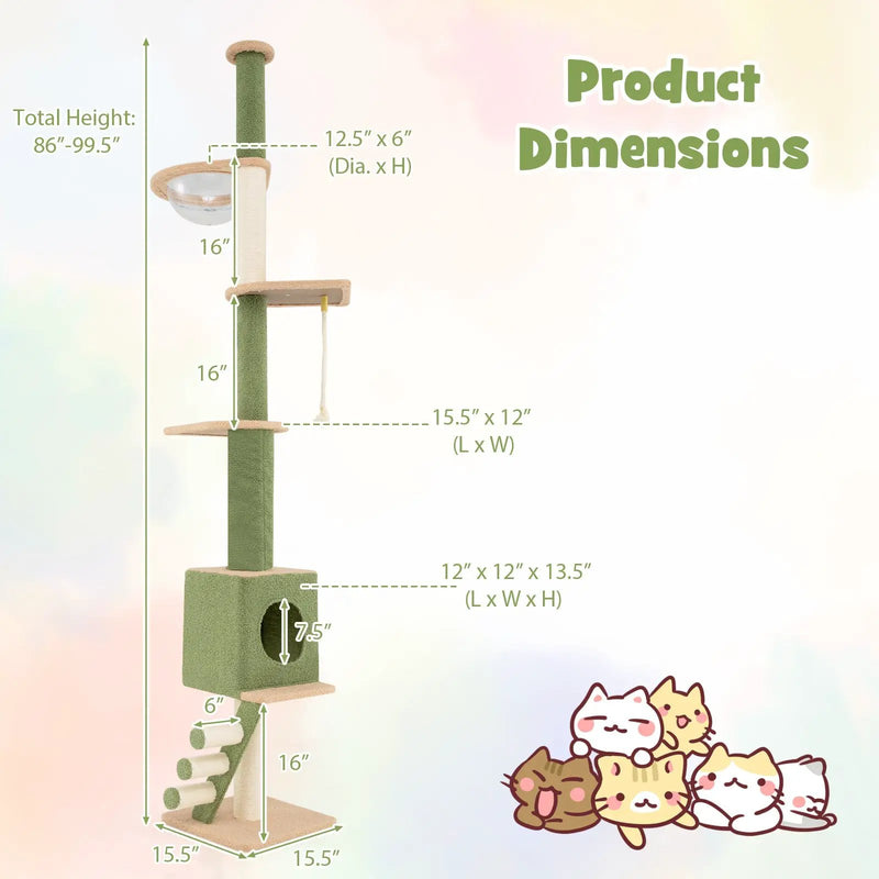 Floor to Ceiling Cat Tree with 86-99.5 Inch Adjustable Height and Extra Post-Green by DirectDeals