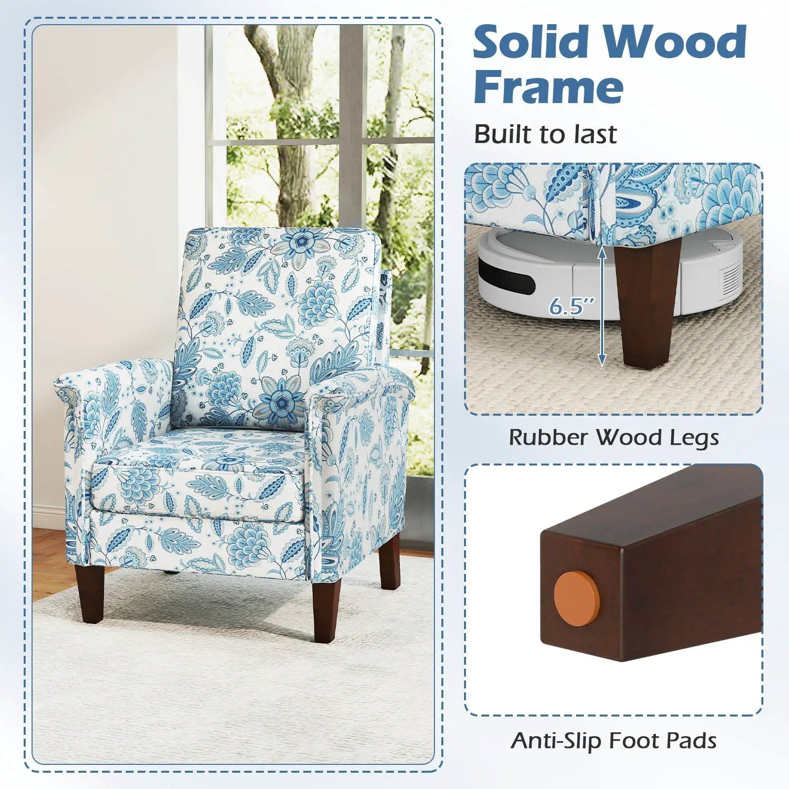 Floral Accent Chair Farmhouse Boho Armchair with Solid Wood Legs and High Back by DirectDeals