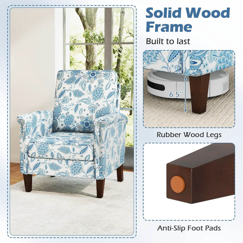 Floral Accent Chair Farmhouse Boho Armchair with Solid Wood Legs and High Back by DirectDeals