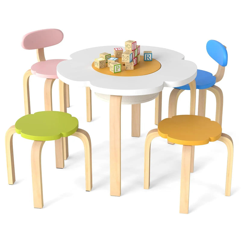 Flower-shaped Children Table Set Wooden Play and Activity Table with 2 Colorful Chairs and Stools-Multicolor by DirectDeals