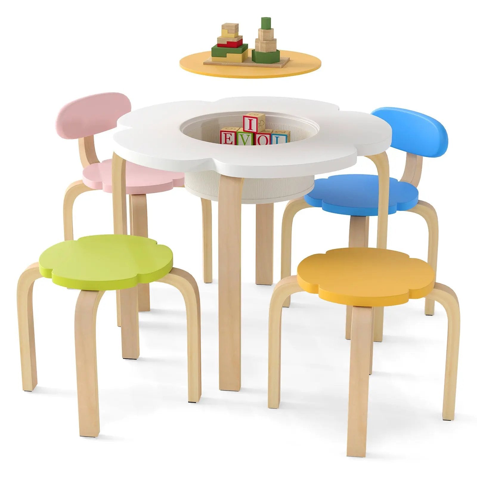 Flower-shaped Children Table Set Wooden Play and Activity Table with 2 Colorful Chairs and Stools-Multicolor by DirectDeals