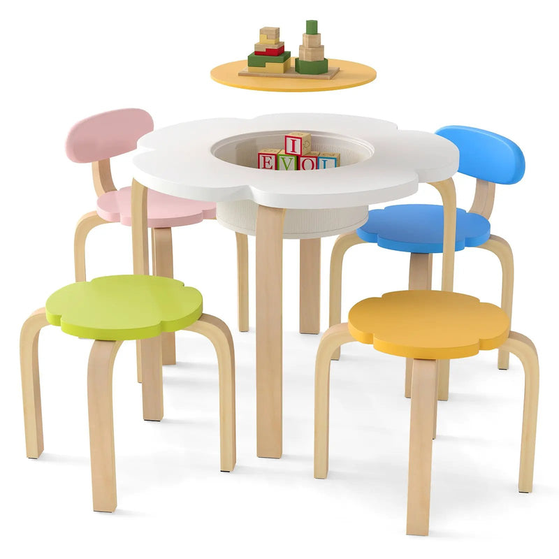 Flower-shaped Children Table Set Wooden Play and Activity Table with 2 Colorful Chairs and Stools-Multicolor by DirectDeals