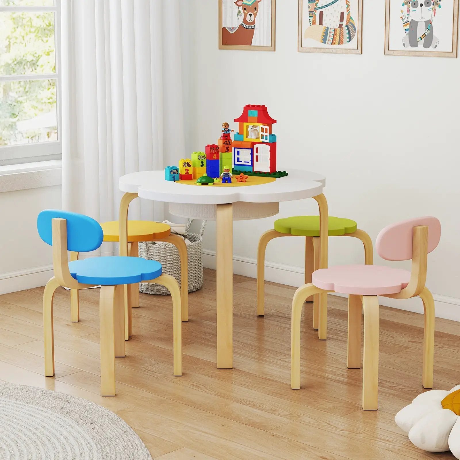 Flower-shaped Children Table Set Wooden Play and Activity Table with 2 Colorful Chairs and Stools-Multicolor by DirectDeals