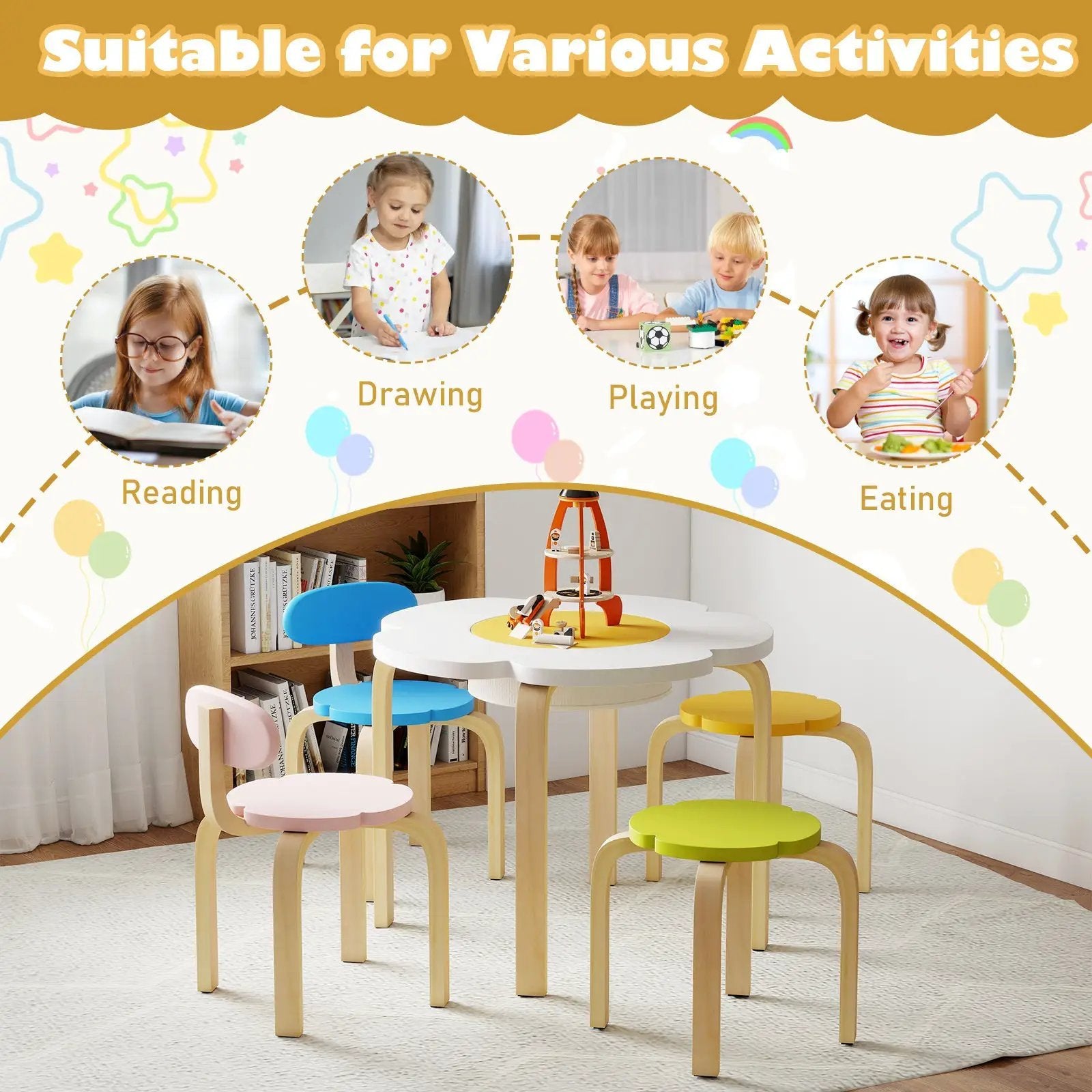 Flower-shaped Children Table Set Wooden Play and Activity Table with 2 Colorful Chairs and Stools-Multicolor by DirectDeals