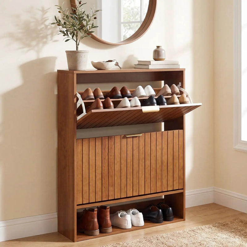 Fluted Shoe Cabinet with 2 Flip Drawers and Open Storage by DirectDeals