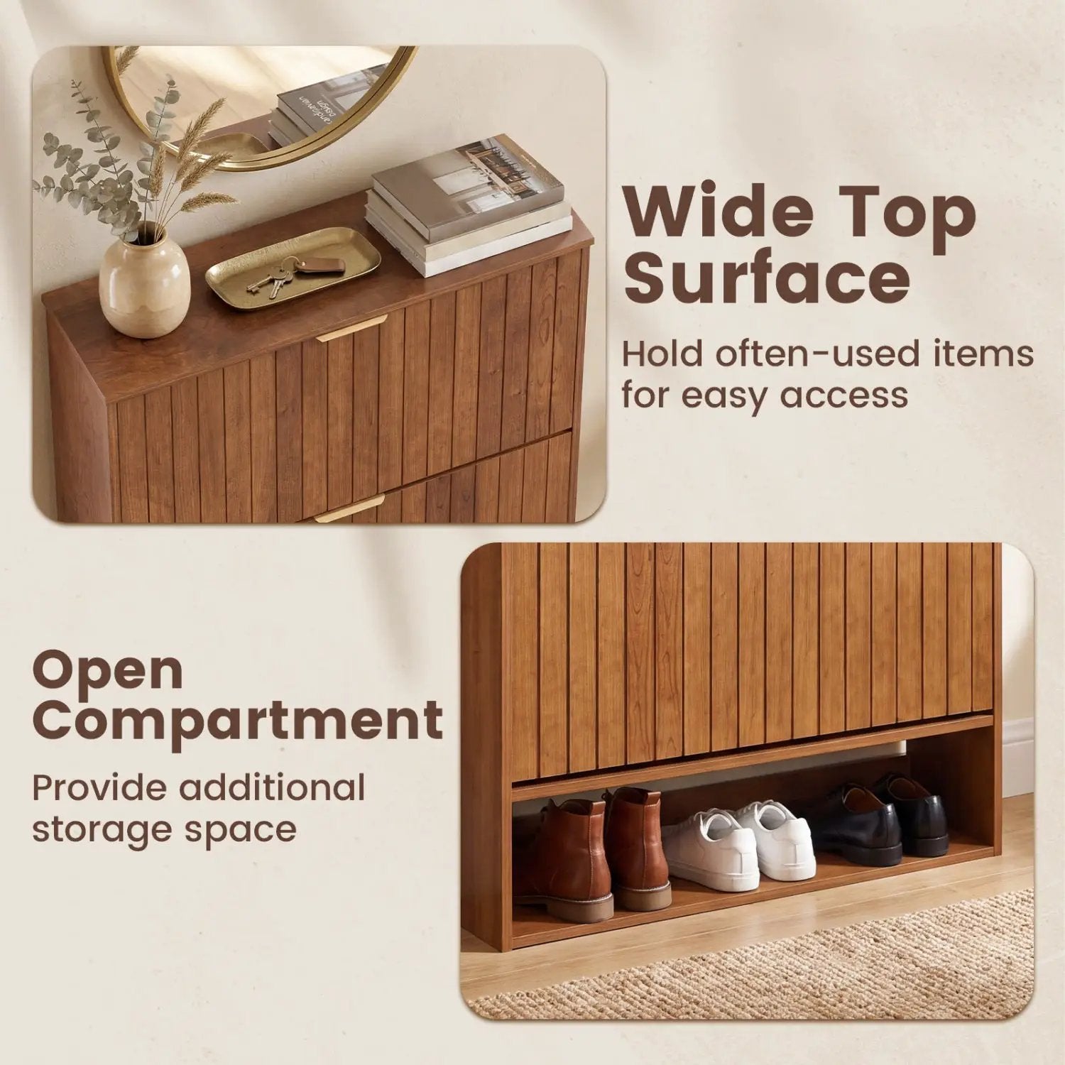 Fluted Shoe Cabinet with 2 Flip Drawers and Open Storage by DirectDeals