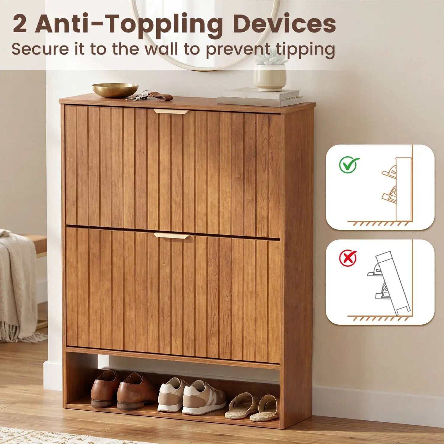 Fluted Shoe Cabinet with 2 Flip Drawers and Open Storage by DirectDeals