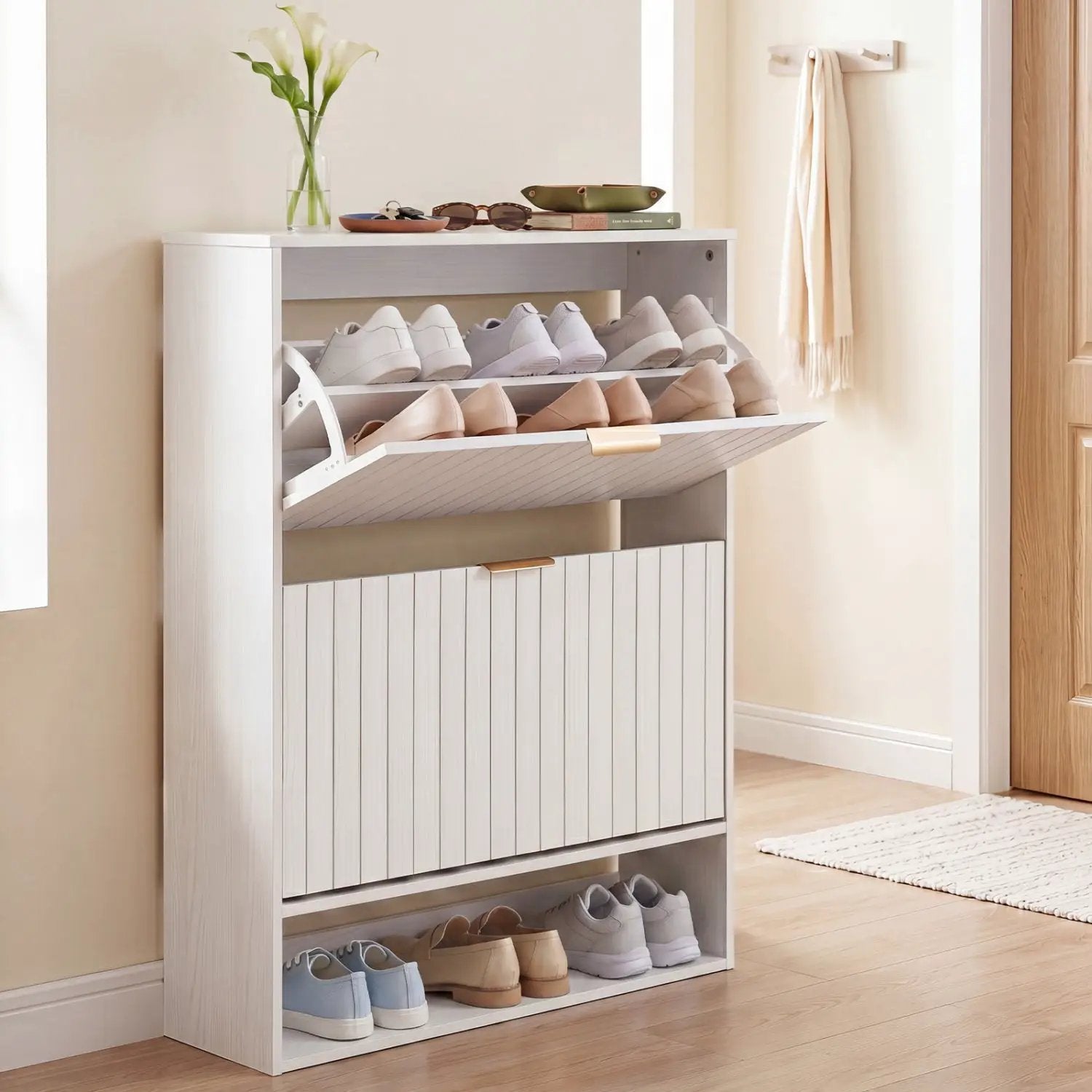 Fluted Shoe Cabinet with 2 Flip Drawers and Open Storage by DirectDeals