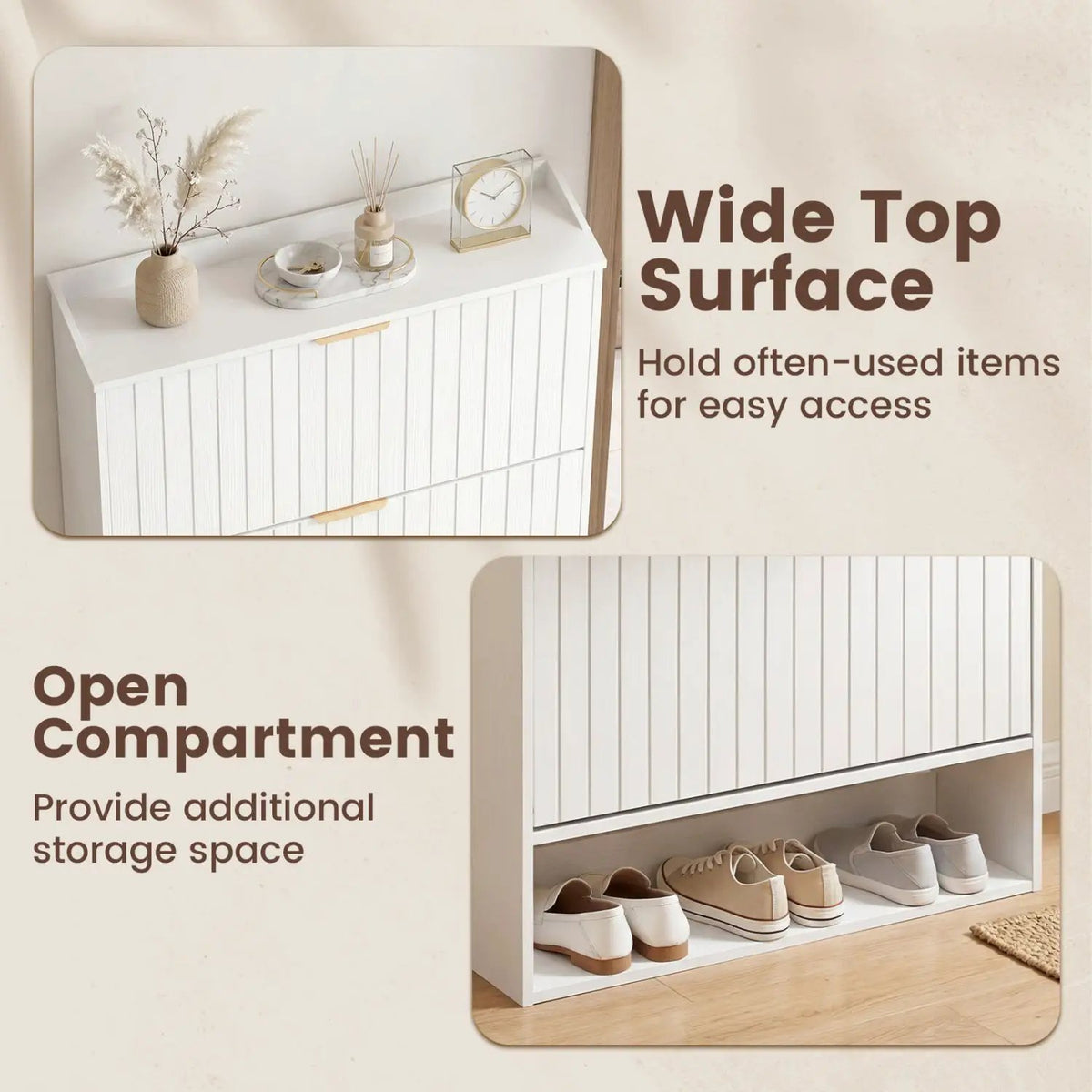 Fluted Shoe Cabinet with 2 Flip Drawers and Open Storage, photo 16 of 16