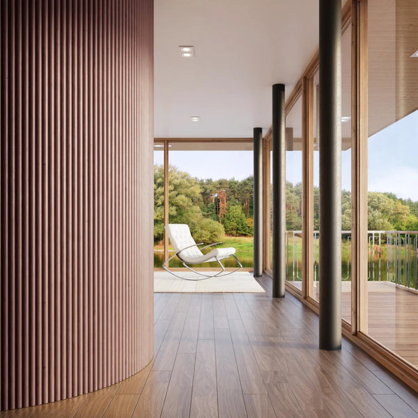 2-Pack Flexible Fluted Wall Panels – Smoked Oak, installed in a room