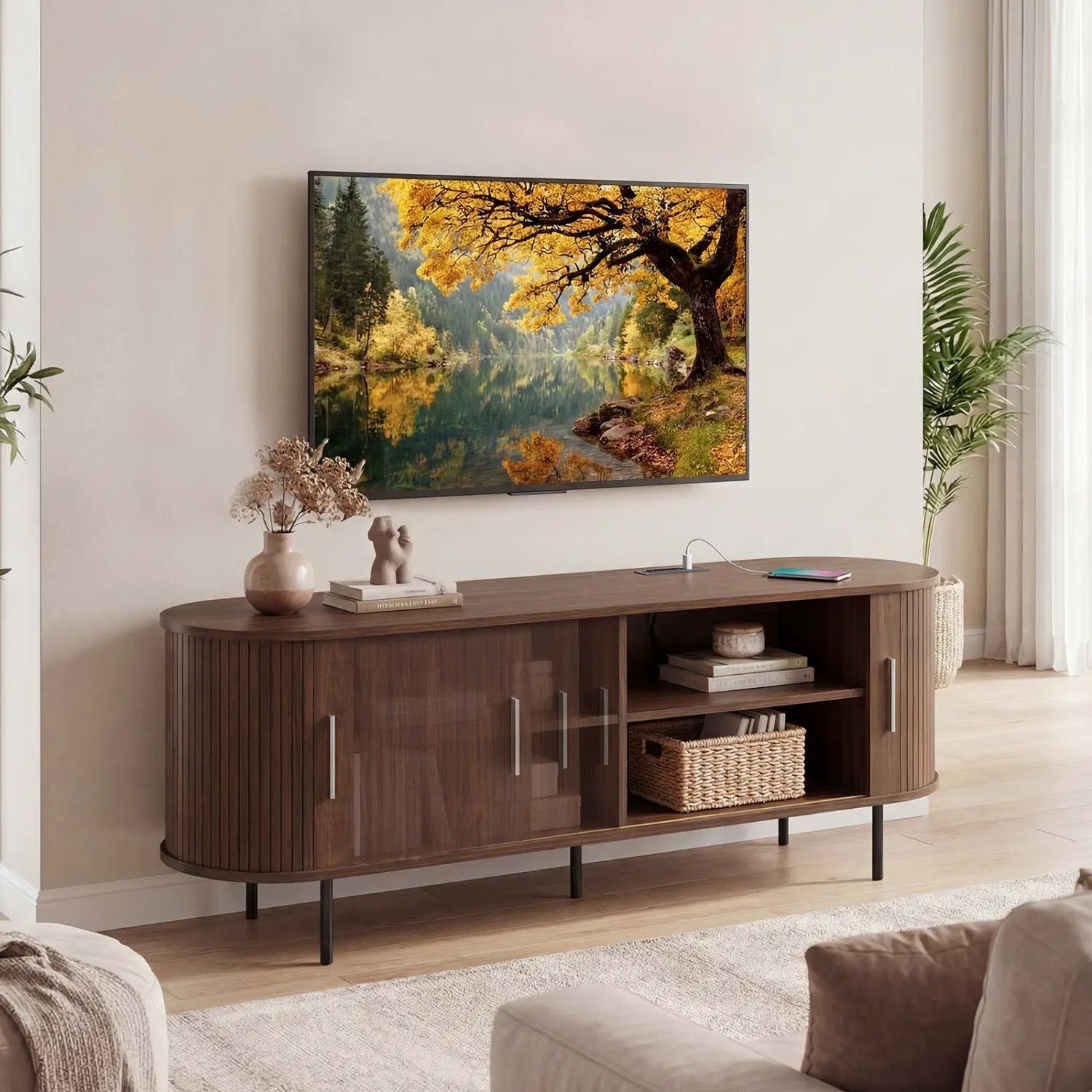 Fluted TV Stand for TVs up to 60" Mid Century Curved Entertainment Center by DirectDeals