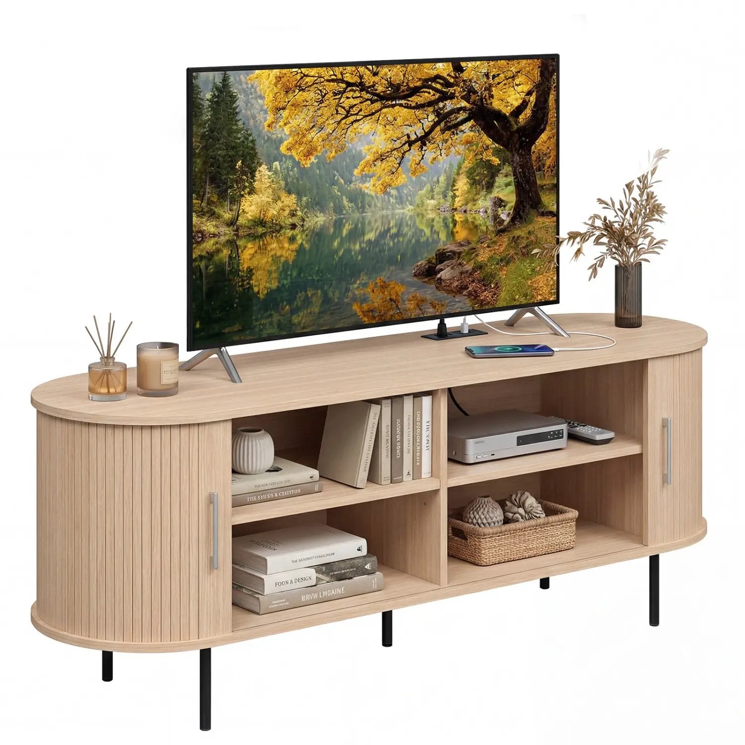 Fluted TV Stand for TVs up to 60" Mid Century Curved Entertainment Center by DirectDeals