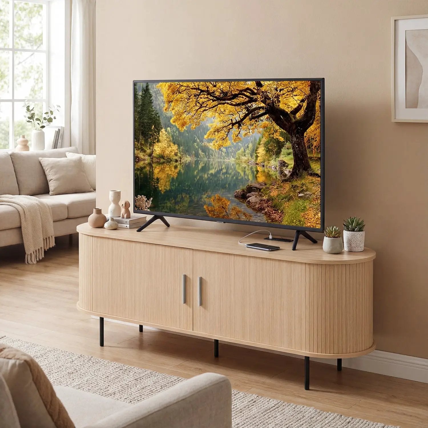 Fluted TV Stand for TVs up to 60" Mid Century Curved Entertainment Center by DirectDeals