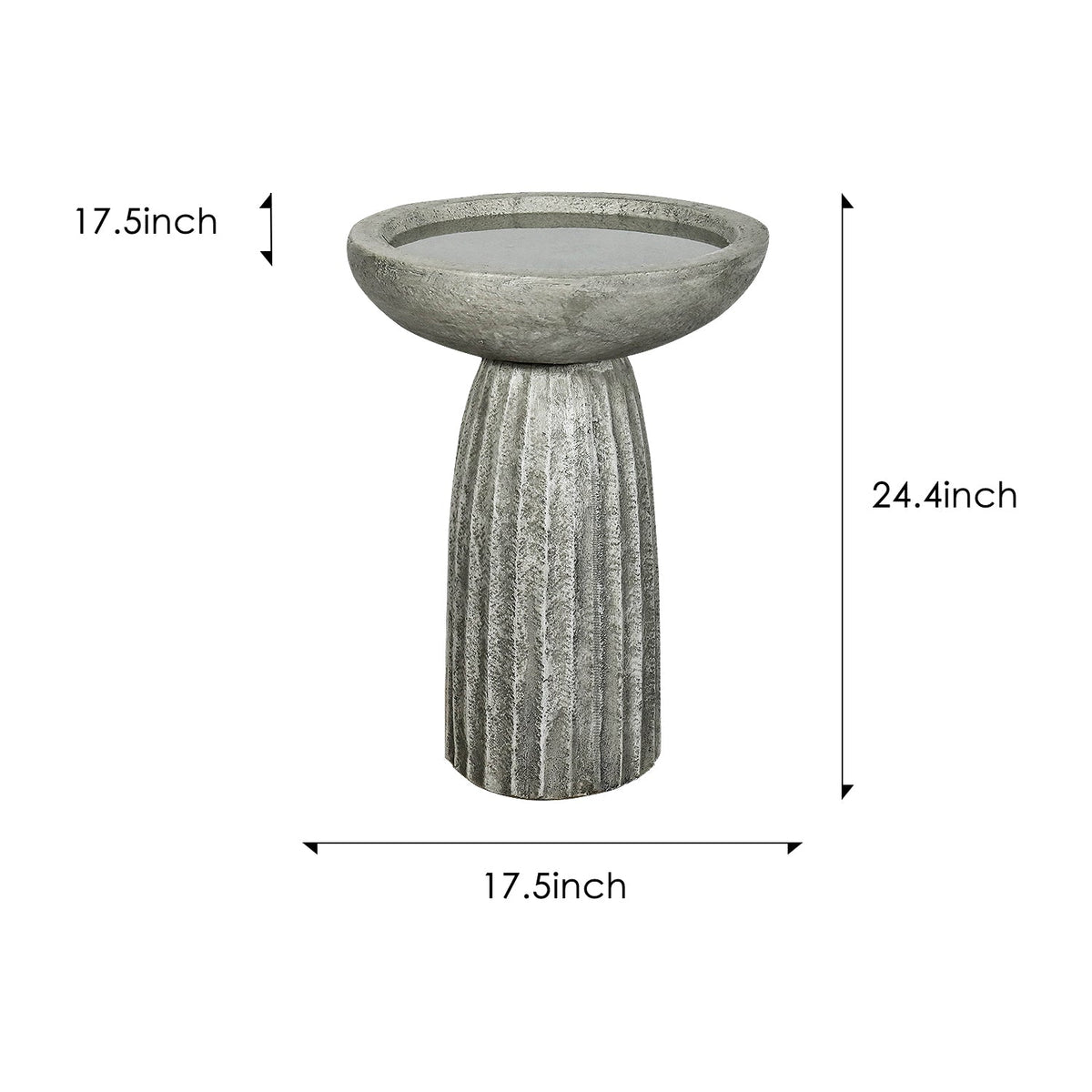 Concrete Bird Bath for Garden Fluted Flare 24 Inch, dimensions drawing
