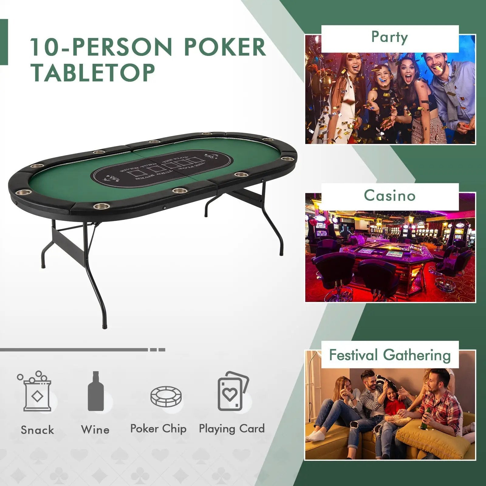 Foldable 10-Player Poker Table with LED Lights and USB Ports Ideal for Texas Casino by DirectDeals