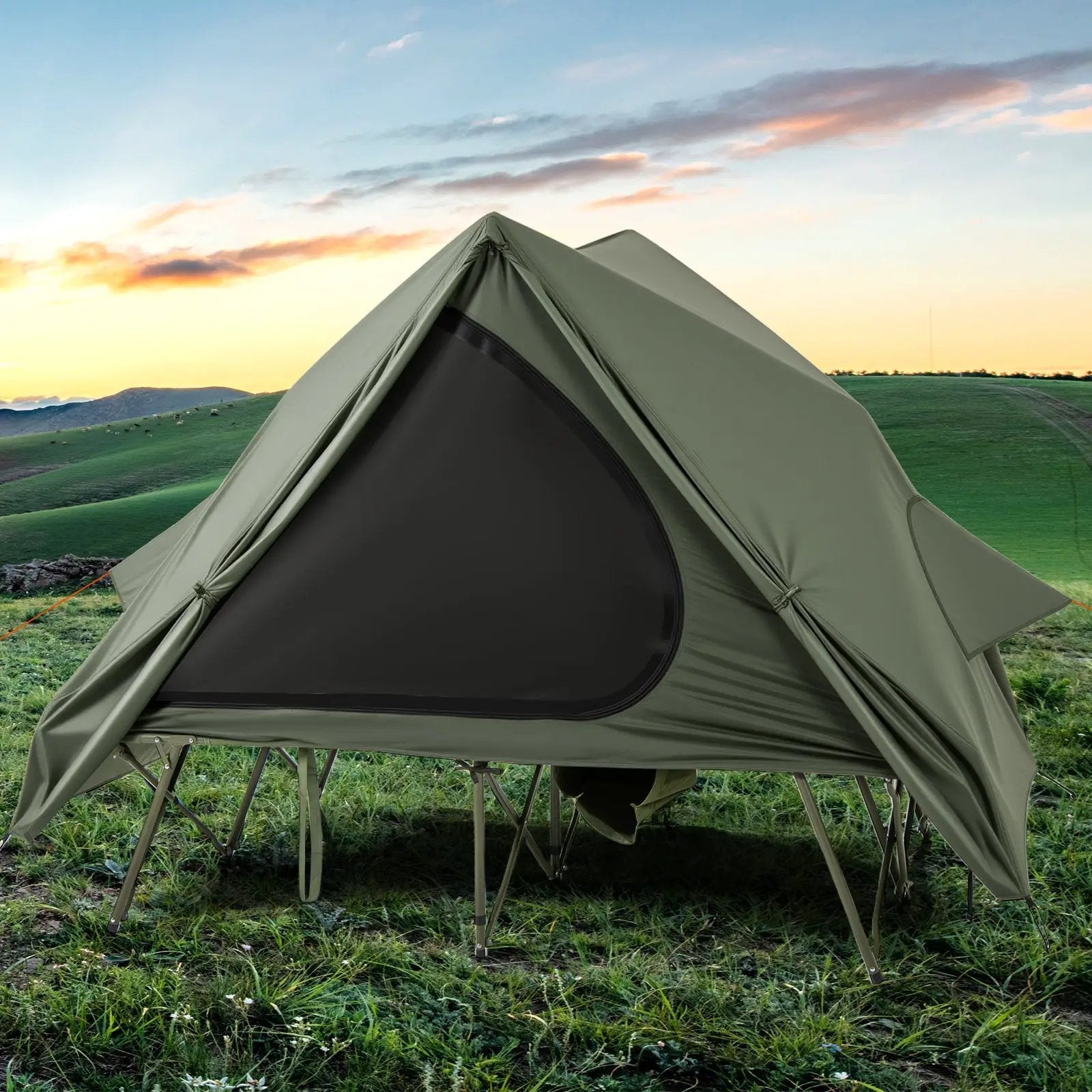 Foldable 2-Person Camping Cot Tent with Pop-up Tent Shelter and Portable Wheeled Bag-Green by DirectDeals