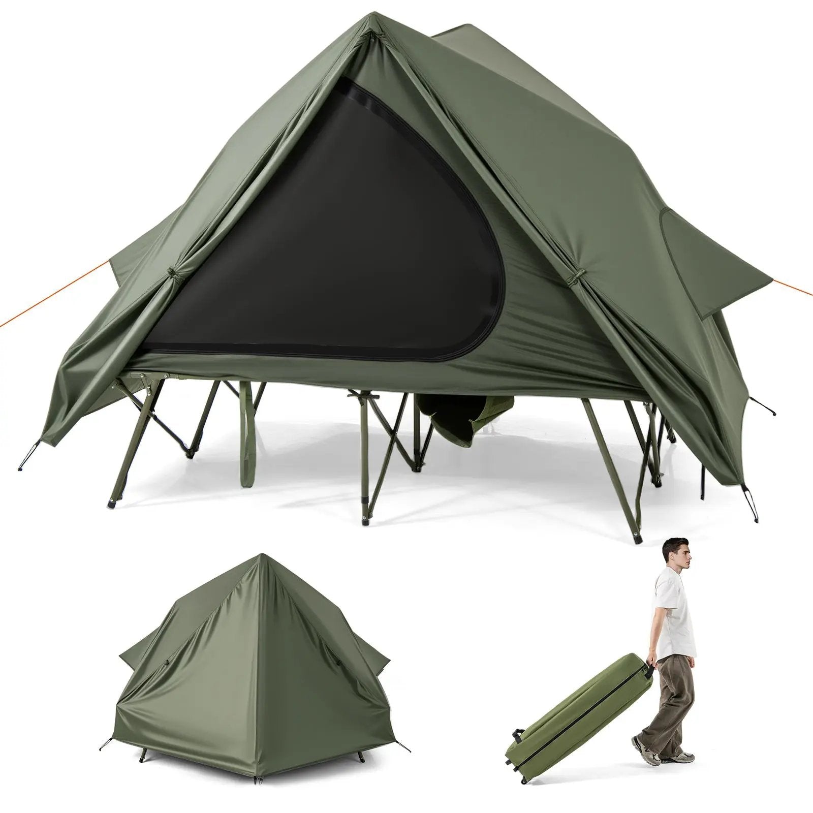 Foldable 2-Person Camping Cot Tent with Pop-up Tent Shelter and Portable Wheeled Bag-Green by DirectDeals