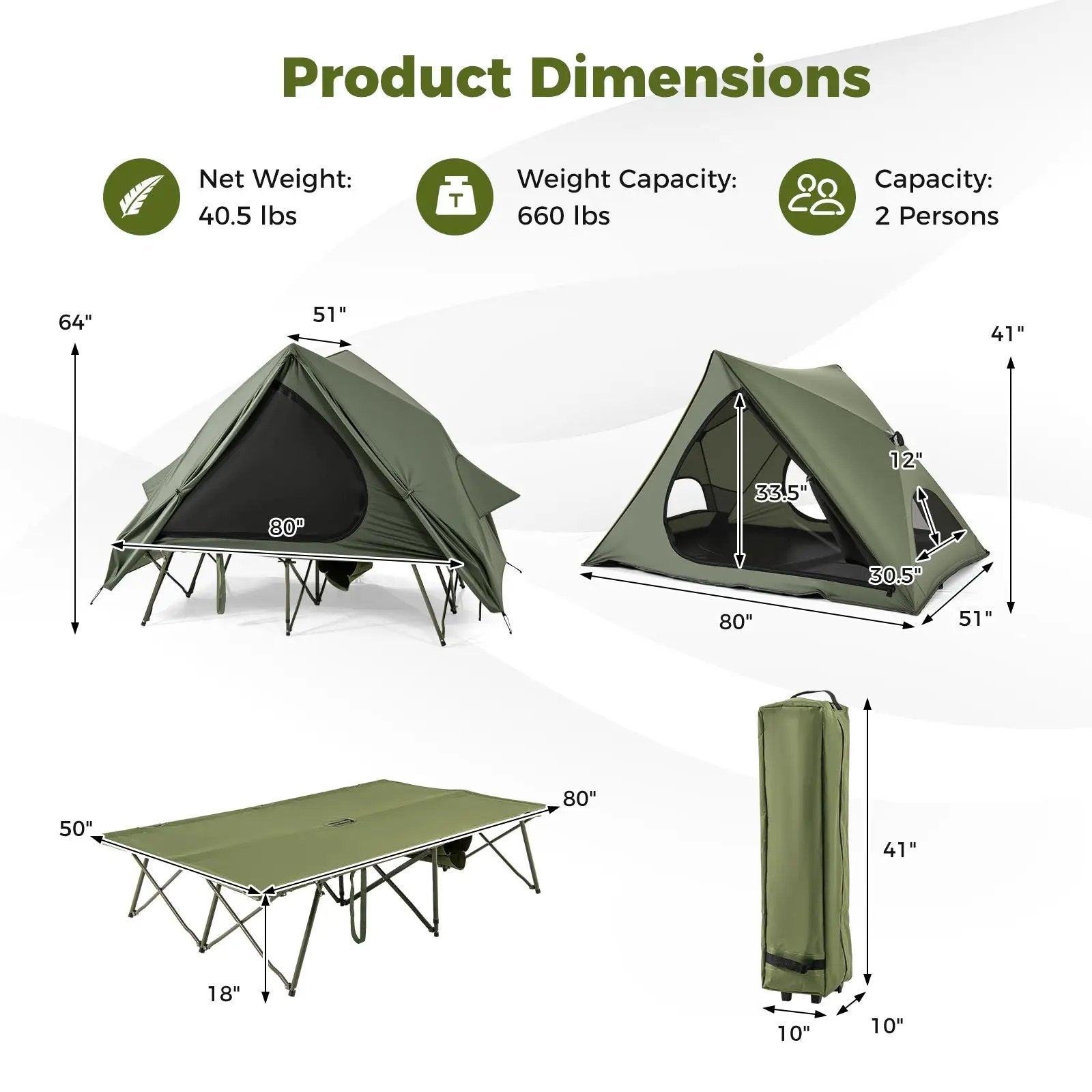 Foldable 2-Person Camping Cot Tent with Pop-up Tent Shelter and Portable Wheeled Bag-Green by DirectDeals