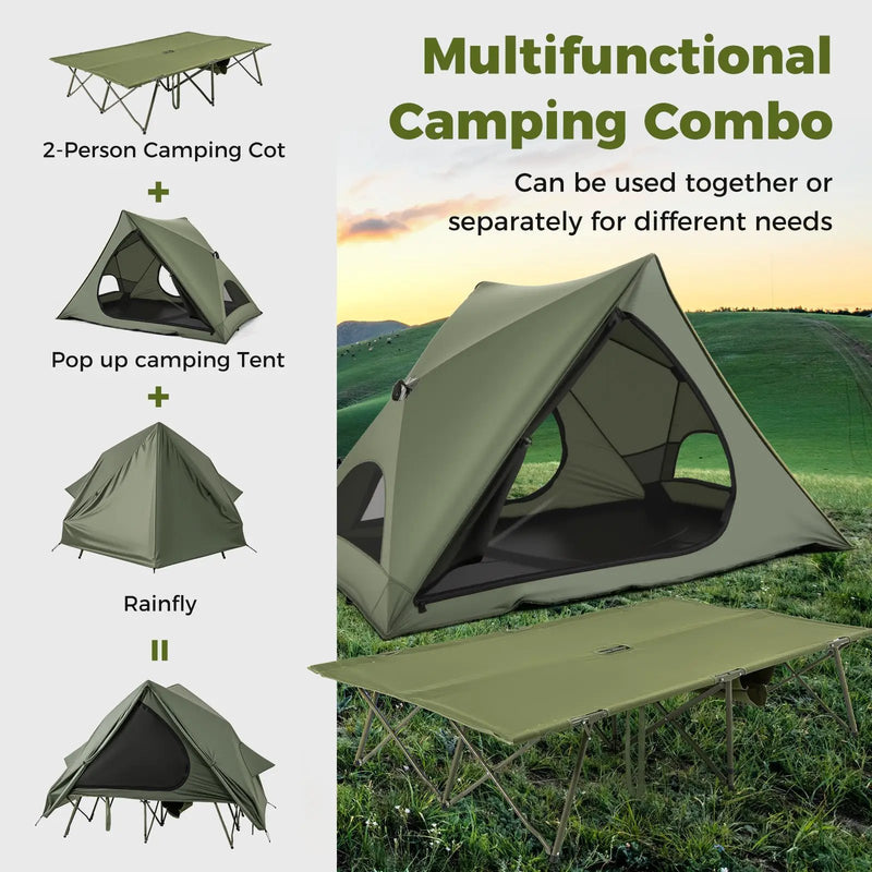 Foldable 2-Person Camping Cot Tent with Pop-up Tent Shelter and Portable Wheeled Bag-Green by DirectDeals