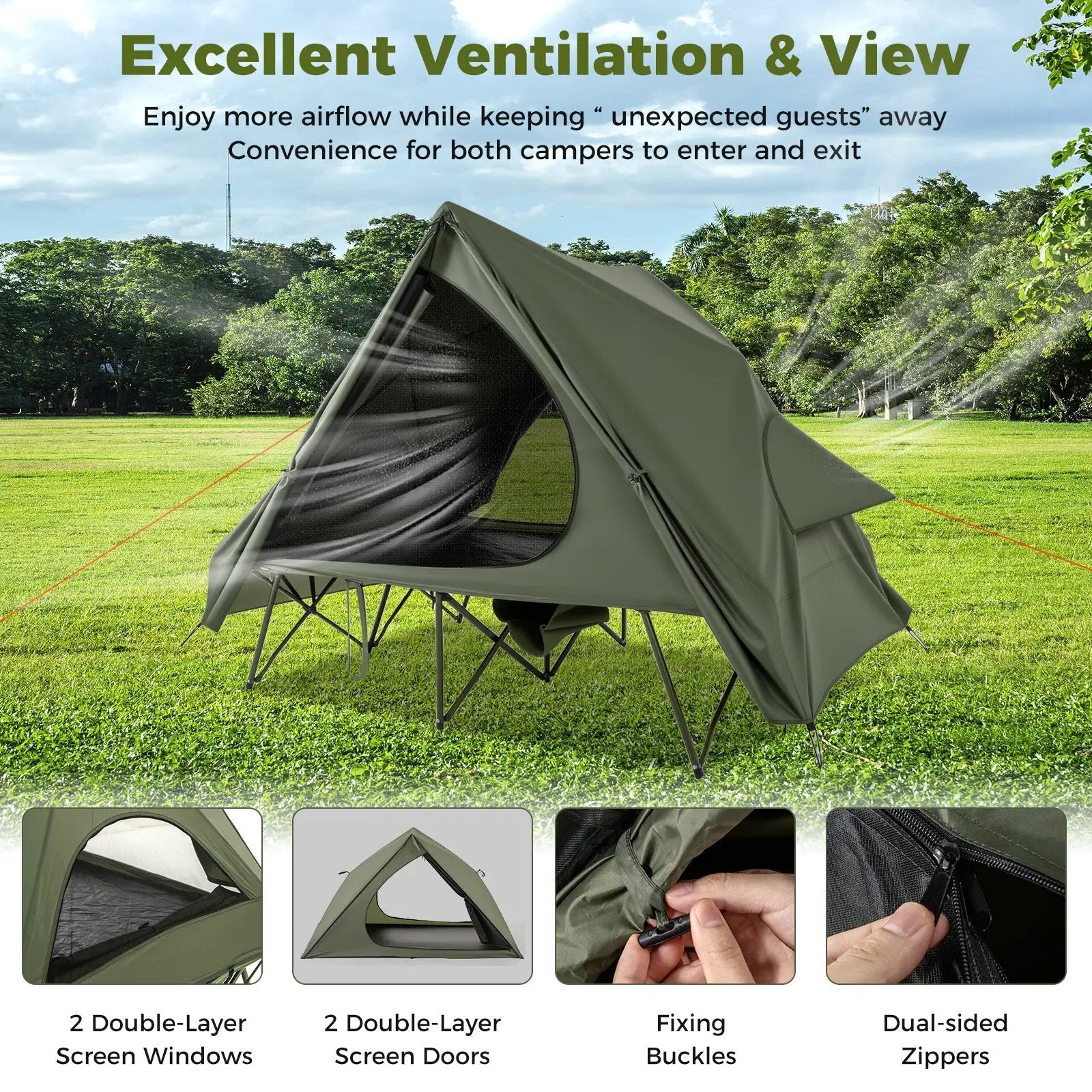 Foldable 2-Person Camping Cot Tent with Pop-up Tent Shelter and Portable Wheeled Bag-Green by DirectDeals