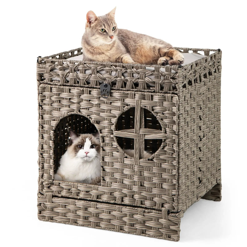 Foldable 2-tier Rattan Cat Litter Box Enclosure with Litter Mat-Grey by DirectDeals