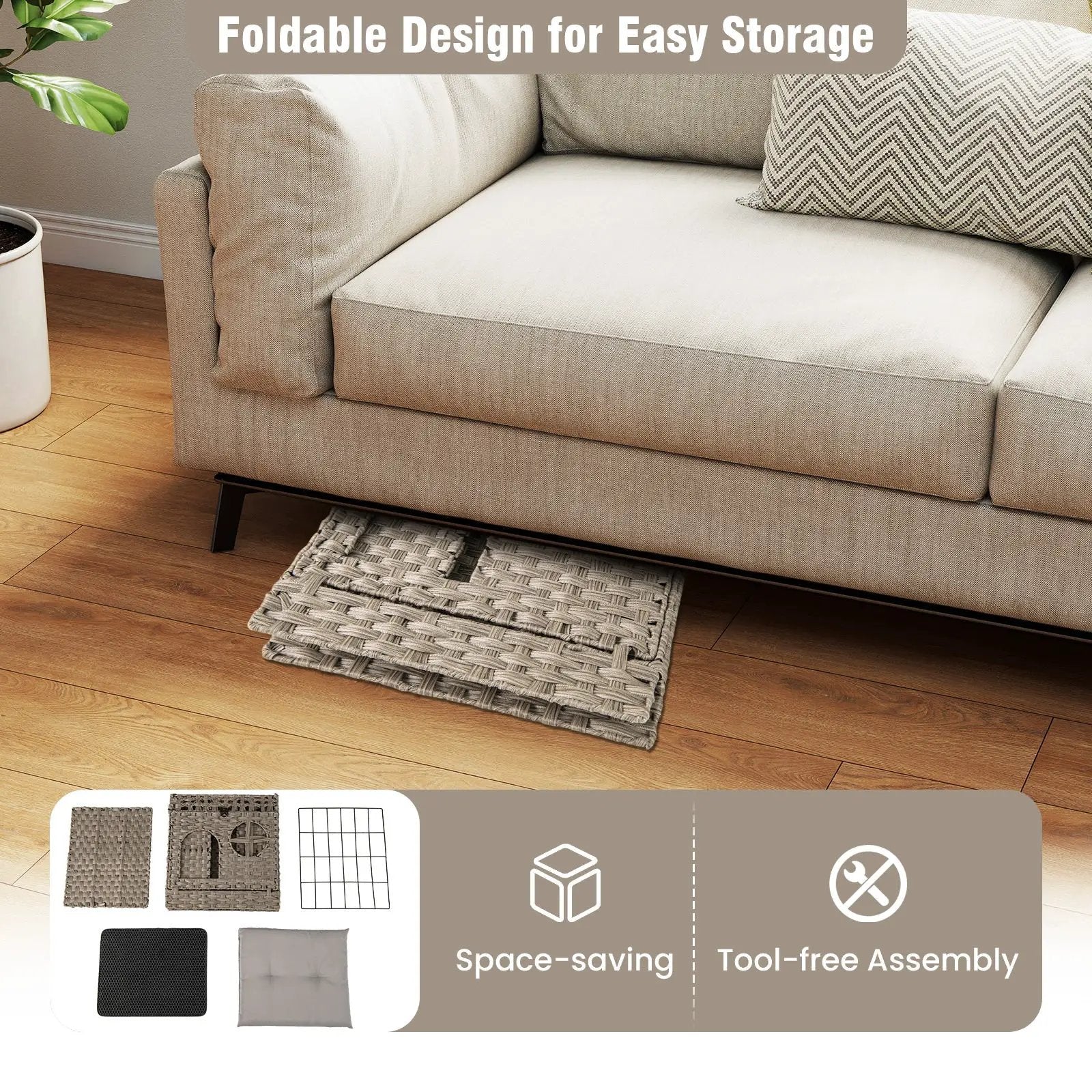 Foldable 2-tier Rattan Cat Litter Box Enclosure with Litter Mat-Grey by DirectDeals