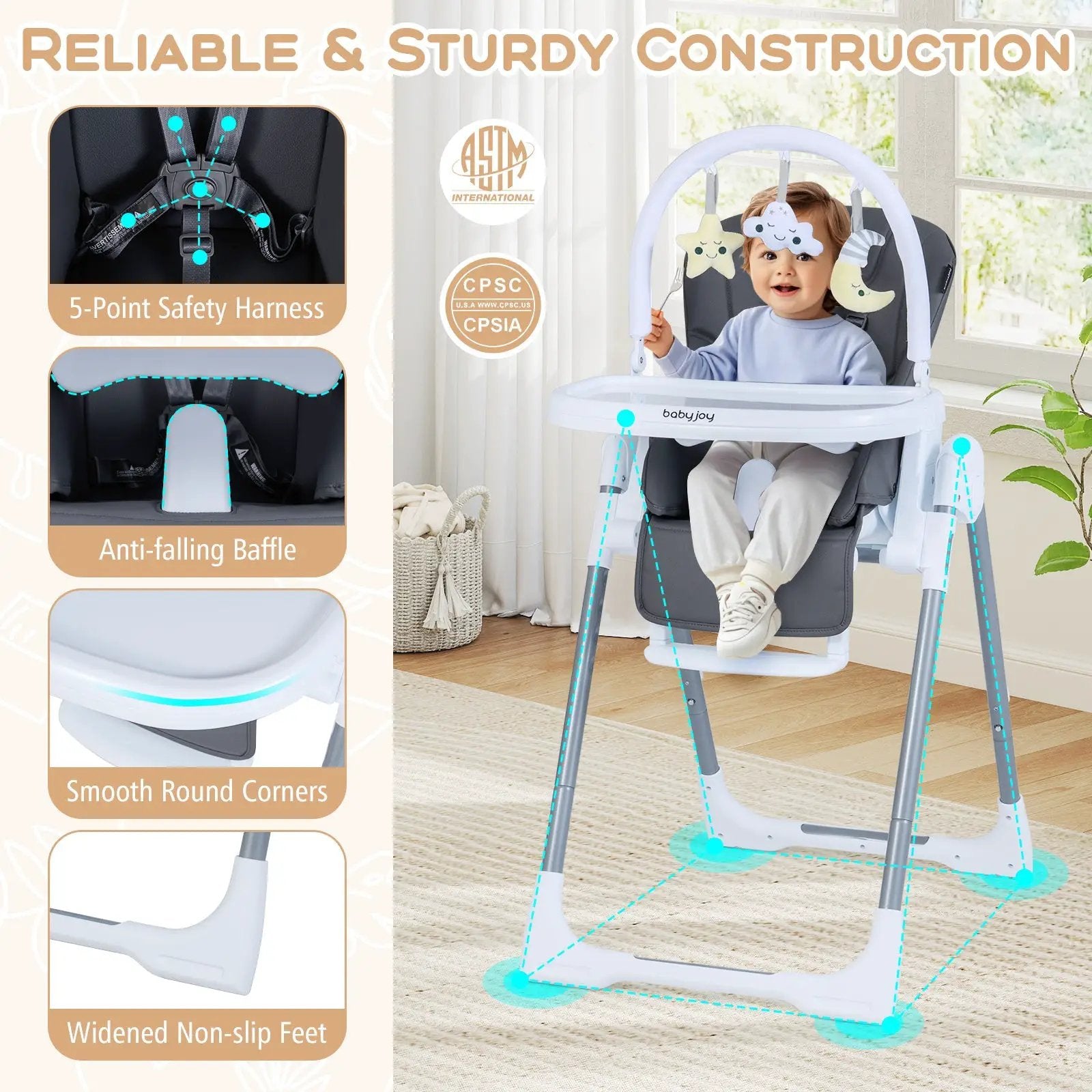 Foldable Baby High Chair with Adjustable Height and Relining Seat by DirectDeals