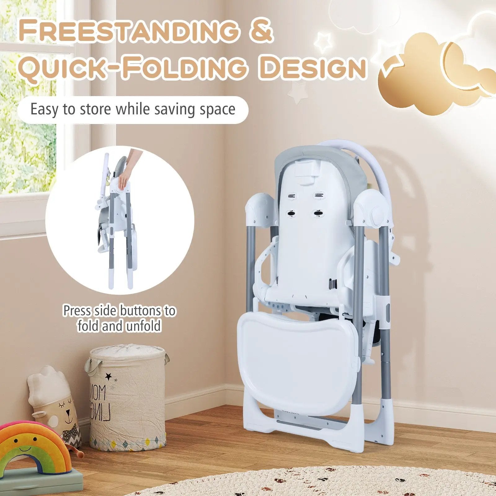Foldable Baby High Chair with Adjustable Height and Relining Seat by DirectDeals