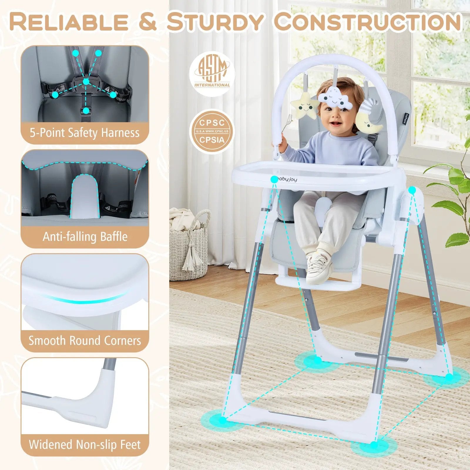 Foldable Baby High Chair with Adjustable Height and Relining Seat by DirectDeals