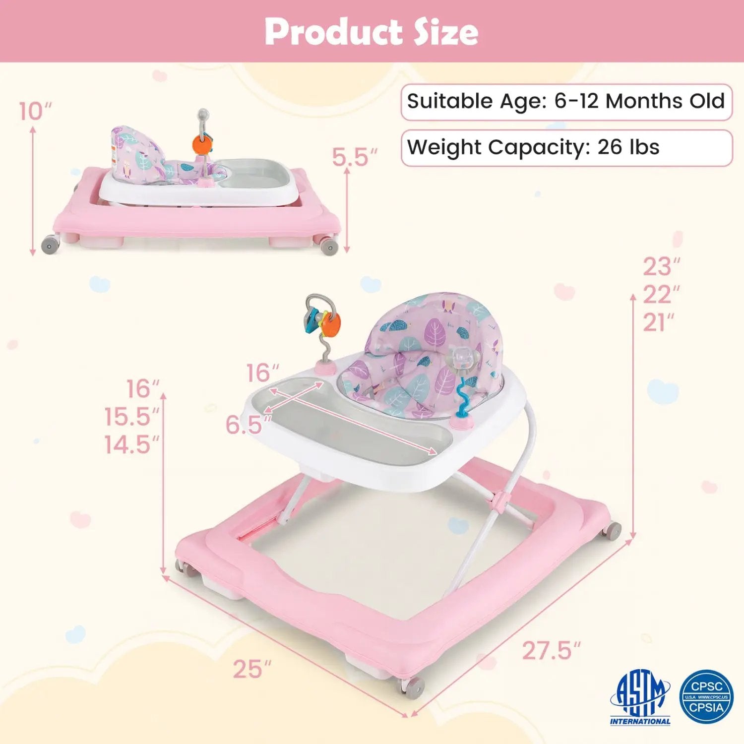 Foldable Baby Walker with Removable Seat and Adjustable Height for 6-12 Months by DirectDeals