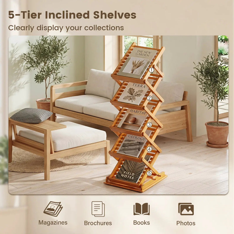 Foldable Bamboo Magazine Rack with 5 Tiers and 2 Positions by DirectDeals