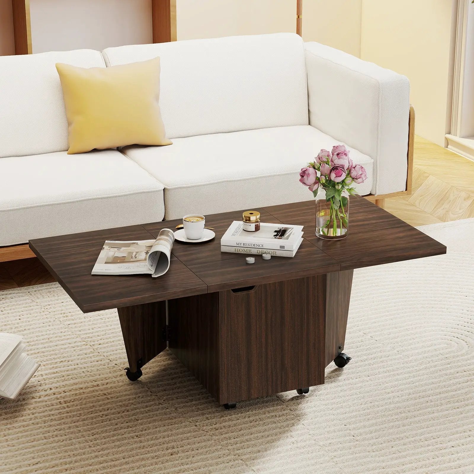 Foldable Coffee Table with Storage Cabinet Extendable Center Table by DirectDeals