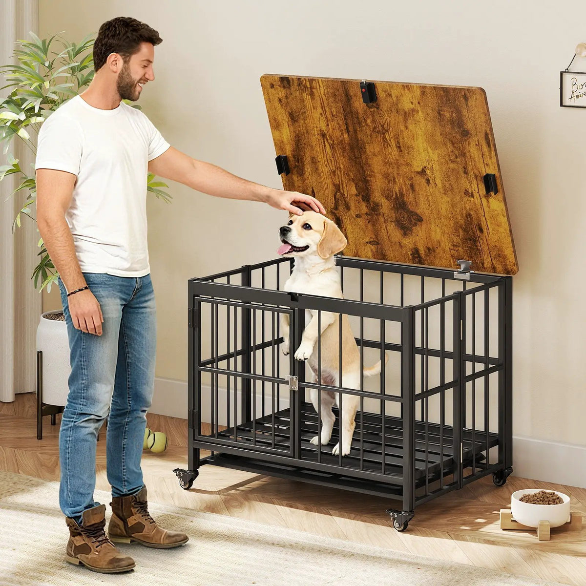 Foldable Dog Crate Furniture with Removable Tray and Lockable Door, packed in its shipping crate 4
