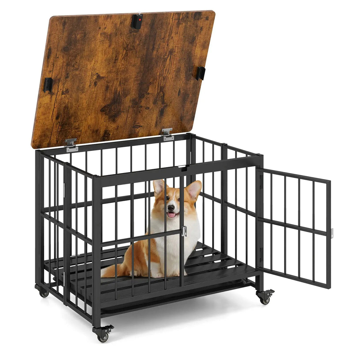 Foldable Dog Crate Furniture with Removable Tray and Lockable Door, packed in its shipping crate 6