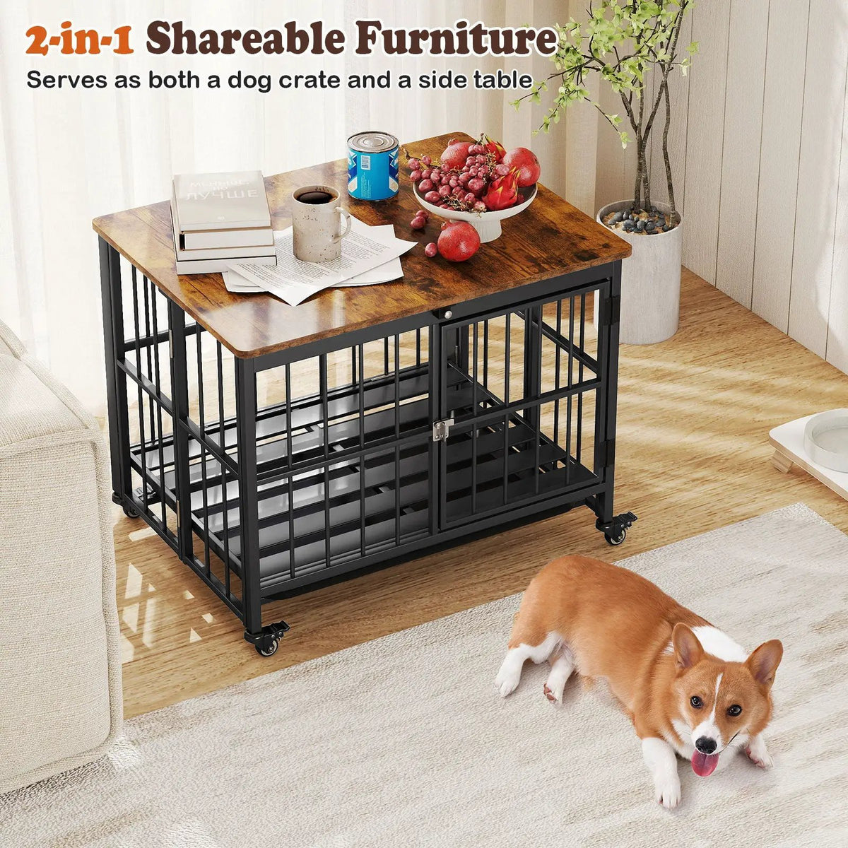 Foldable Dog Crate Furniture with Removable Tray and Lockable Door, packed in its shipping crate 12
