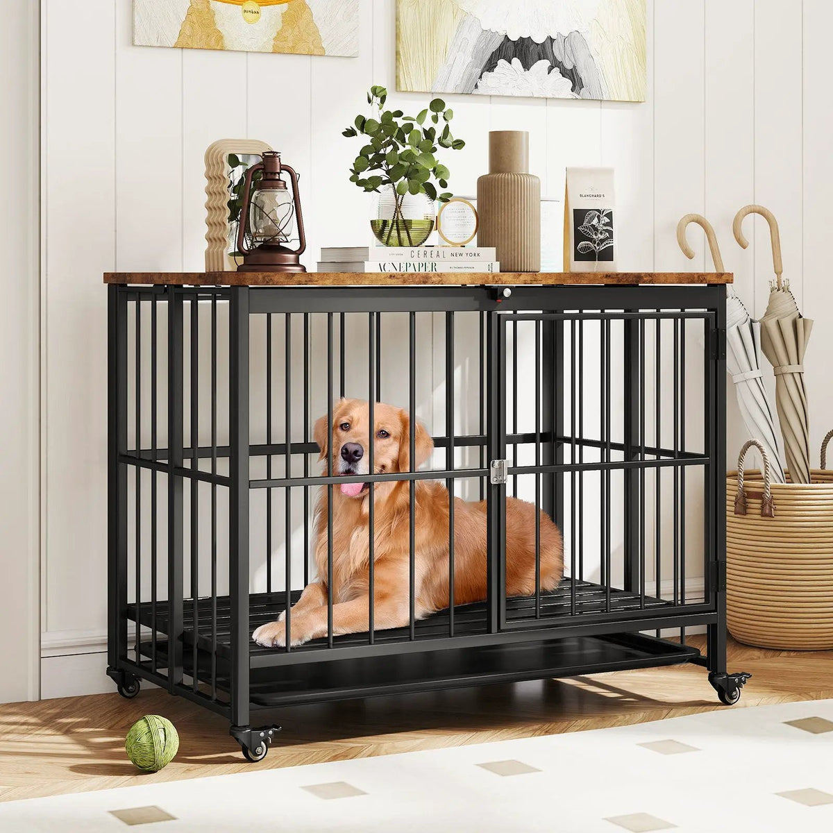 Foldable Dog Crate Furniture with Removable Tray and Lockable Door, packed in its shipping crate