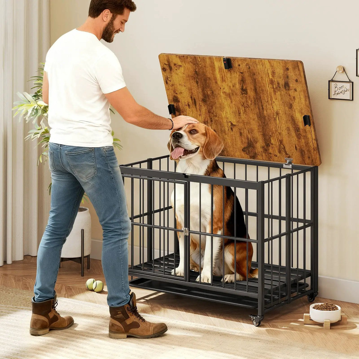 Foldable Dog Crate Furniture with Removable Tray and Lockable Door, packed in its shipping crate 3