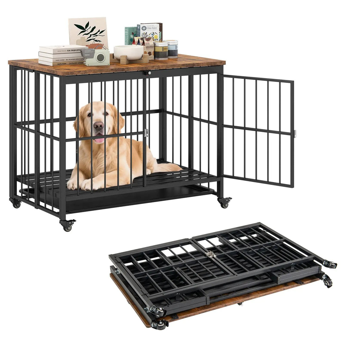 Foldable Dog Crate Furniture with Removable Tray and Lockable Door, packed in its shipping crate 7