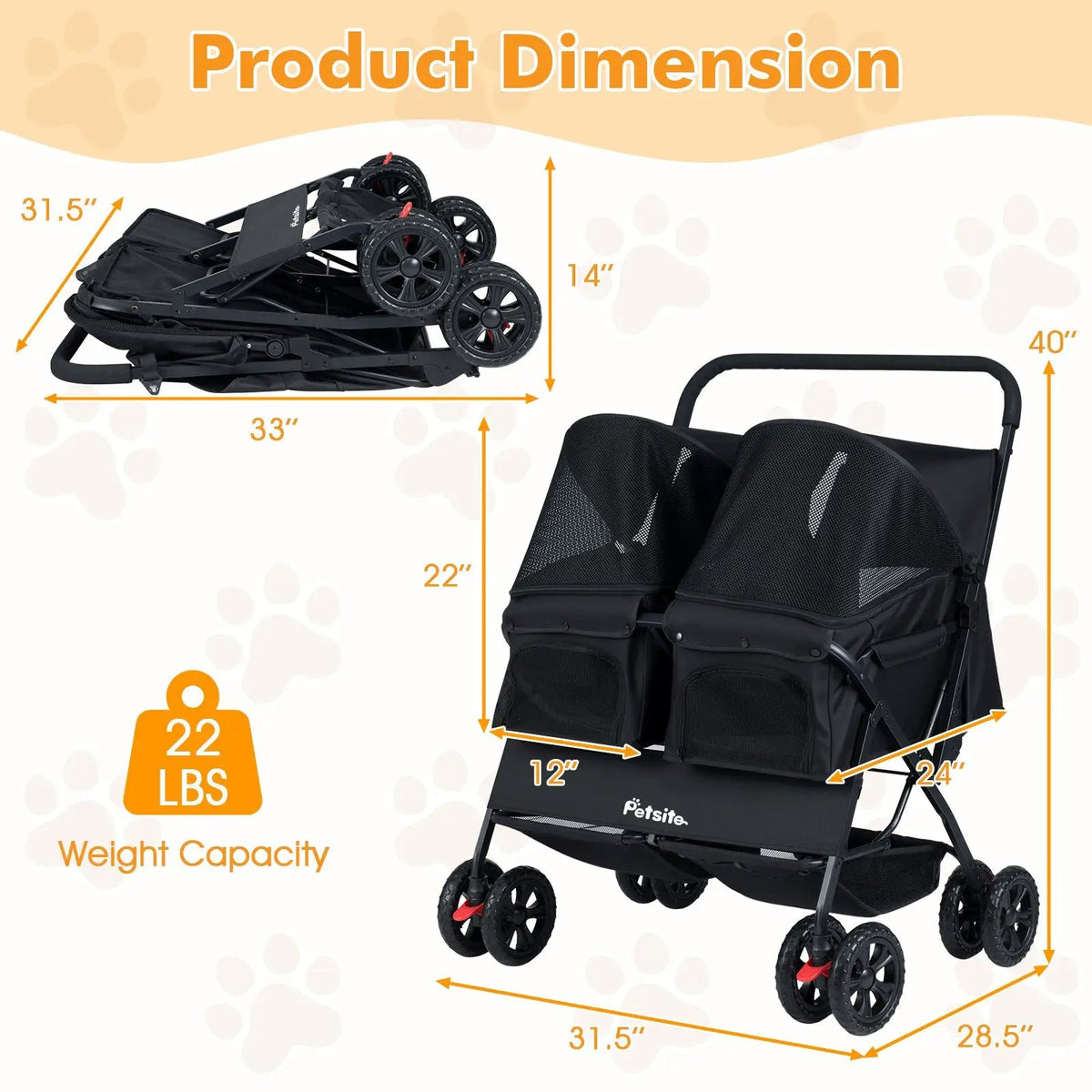 Foldable Double Pet Stroller with Adjustable Sunshade and Storage Basket, photo 15 of 24